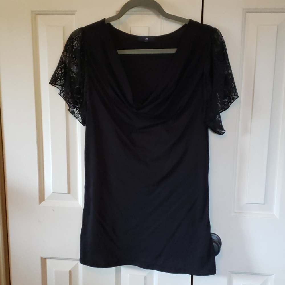 Gap Black Draped Neck Top w/ Lace Sleeves